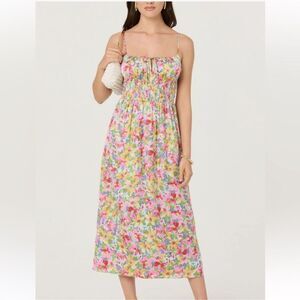 ASTR the Label Floral Satin Smocked Tie Front Spaghetti Strap Midi Dress New!